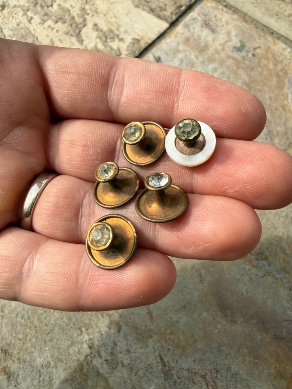 Vintage Antique Tuxedo Studs Buttons Clear Rhinestones Men's Formal Wear Gold.